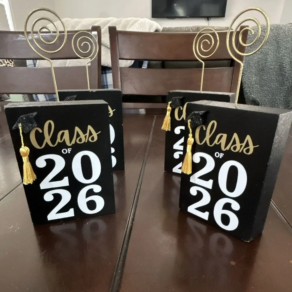 Class of 2026 Graduation Table Centerpieces Photo Holders Swirl Clips Black/Gold